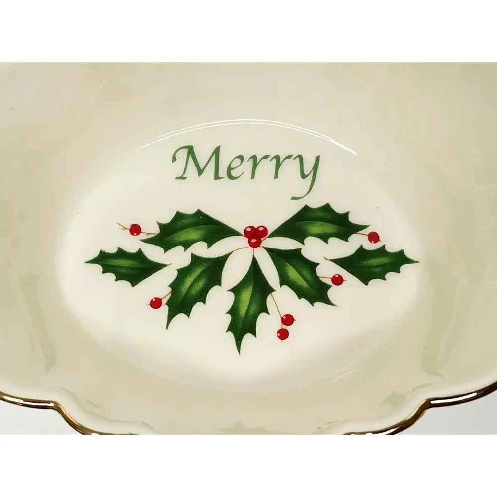 Lenox Holiday Merry Bowl Oval Fluted Dish Holly Christmas Candy Nut Dish